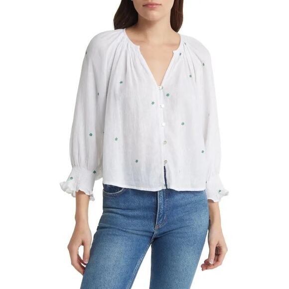 Rails Sz XL Mariah Linen Blend Embroidered Blouse White Longsleeve GREAT! - Picture 1 of 8